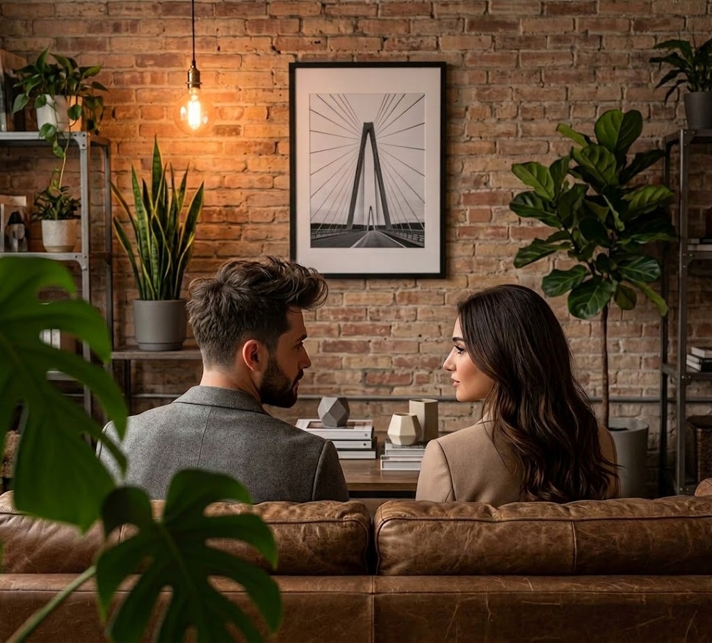 Un couple assis côte à côte dans un salon apaisant